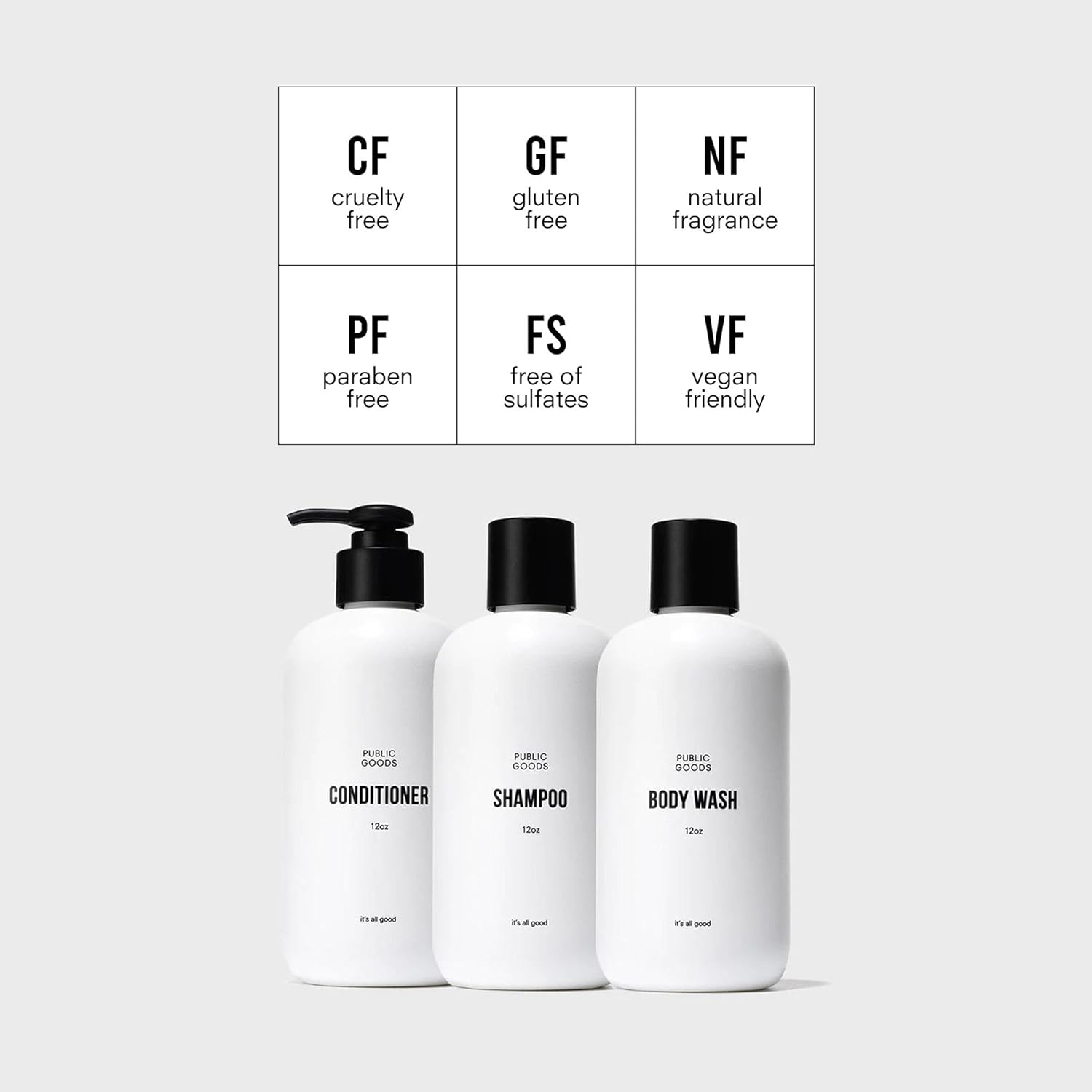Public Goods Shower Essentials for Men and Women | Natural Shampoo, Conditioner & Body Wash | Made with Organic Essential Oils | Sulfate & Paraben Free | Vegan Friendly | 12 Fl Oz Bottles