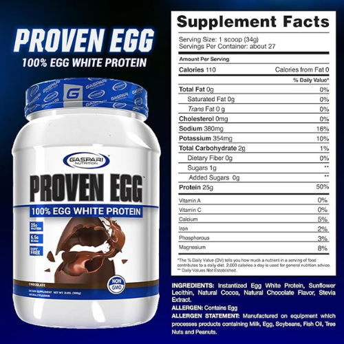 Gaspari Nutrition Proven Egg, 100% Egg White Protein, 25g Protein, Keto Friendly, Dairy Free, Lactose Free, Soy Free (2 lbs, Chocolate)