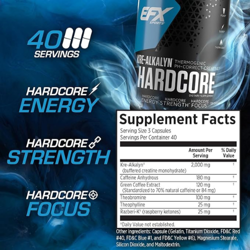 EFX Sports Kre-Alkalyn Hardcore | Thermogenic pH Correct Creatine Monohydrate Pill Supplement | Energy & Strength Pre Workout | 40 servings, 120 Capsules