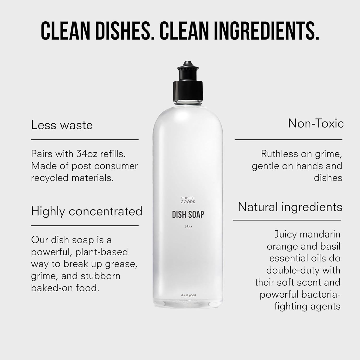 Public Goods Natural Dish Soap | Non-Toxic Kitchen Soap | Plant-Based & Vegan Friendly | Biodegradable | Clear Dish Detergent Liquid | Concentrated Formula | Made in USA | Mandarin Basil | 16 Fl Oz