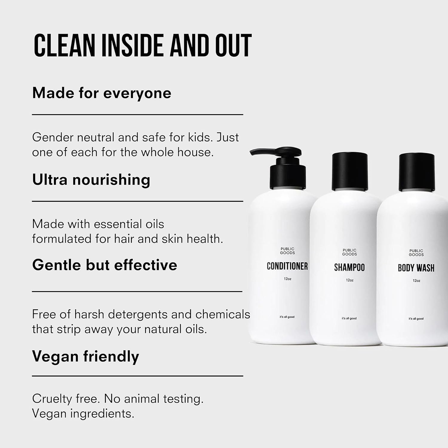 Public Goods Shower Essentials for Men and Women | Natural Shampoo, Conditioner & Body Wash | Made with Organic Essential Oils | Sulfate & Paraben Free | Vegan Friendly | 12 Fl Oz Bottles